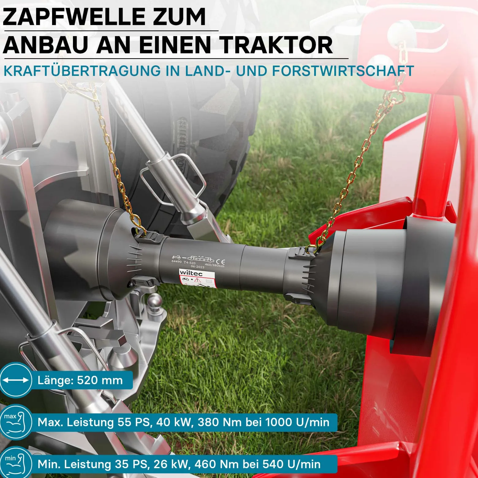 Zapfwelle T4 Gelenkwelle 520mm 460Nm 540U/min, PTO-Shaft, 40kW (55PS), 2x 1 3/8" 6 Zähne