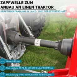 Zapfwelle T5 Gelenkwelle 600mm 620Nm 540U/min, PTO-Shaft, 54kW (74PS), 2x 1 3/8" 6 Zähne