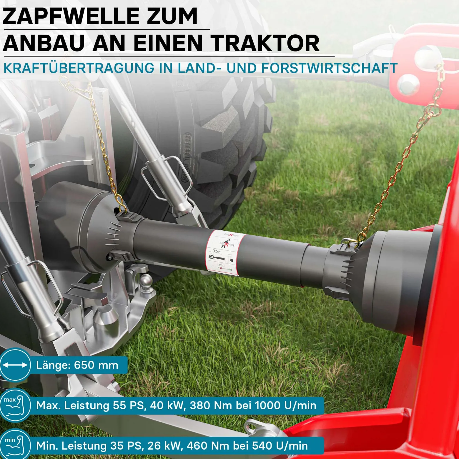 Zapfwelle T4 Gelenkwelle 650mm 460Nm 540U/min, PTO-Shaft, 40kW (55PS), 2x 1 3/8" 6 Zähne