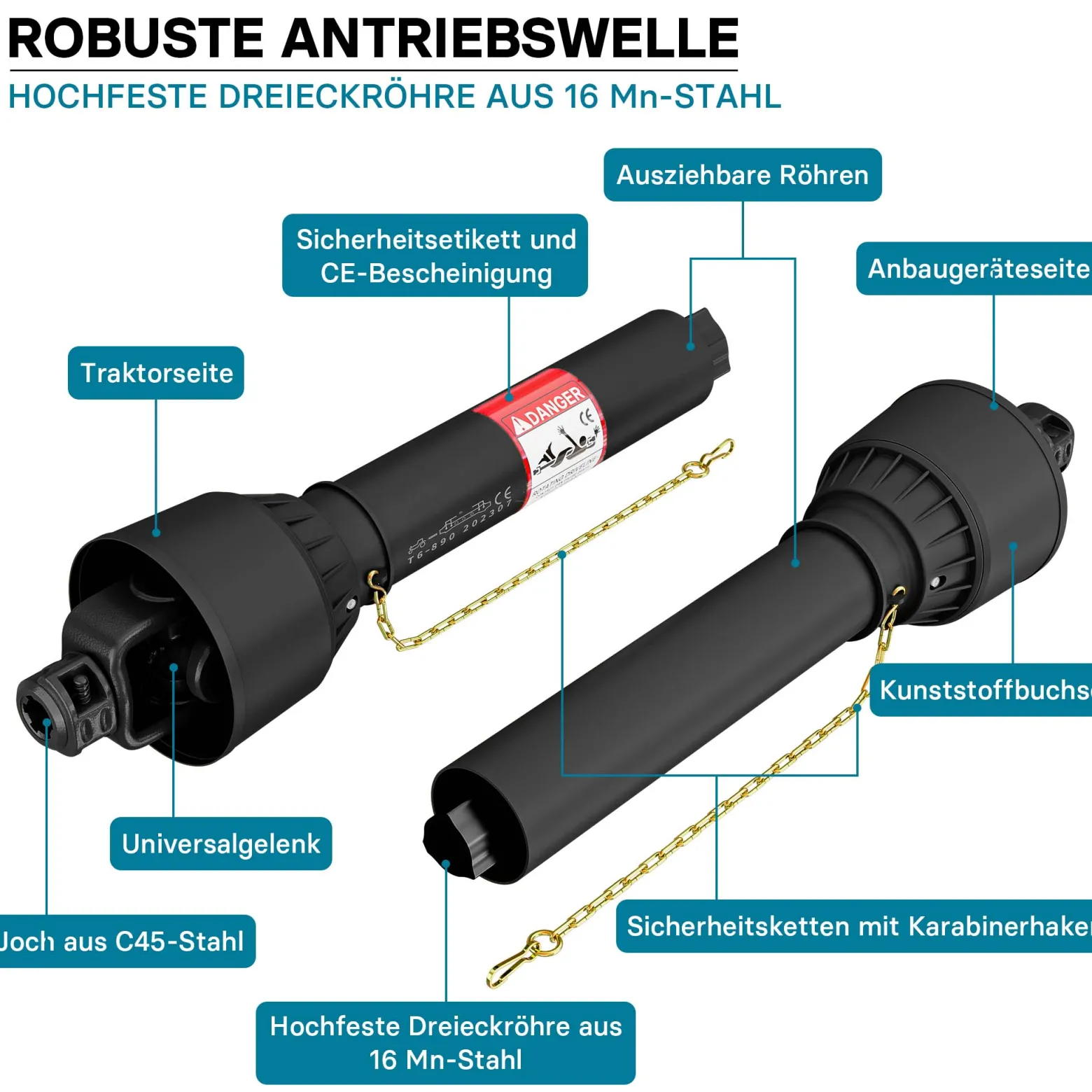 Zapfwelle T6 Gelenkwelle 979mm 830Nm 540U/min, PTO-Shaft, 74kW (100PS), 2x 1 3/8" 6 Zähne