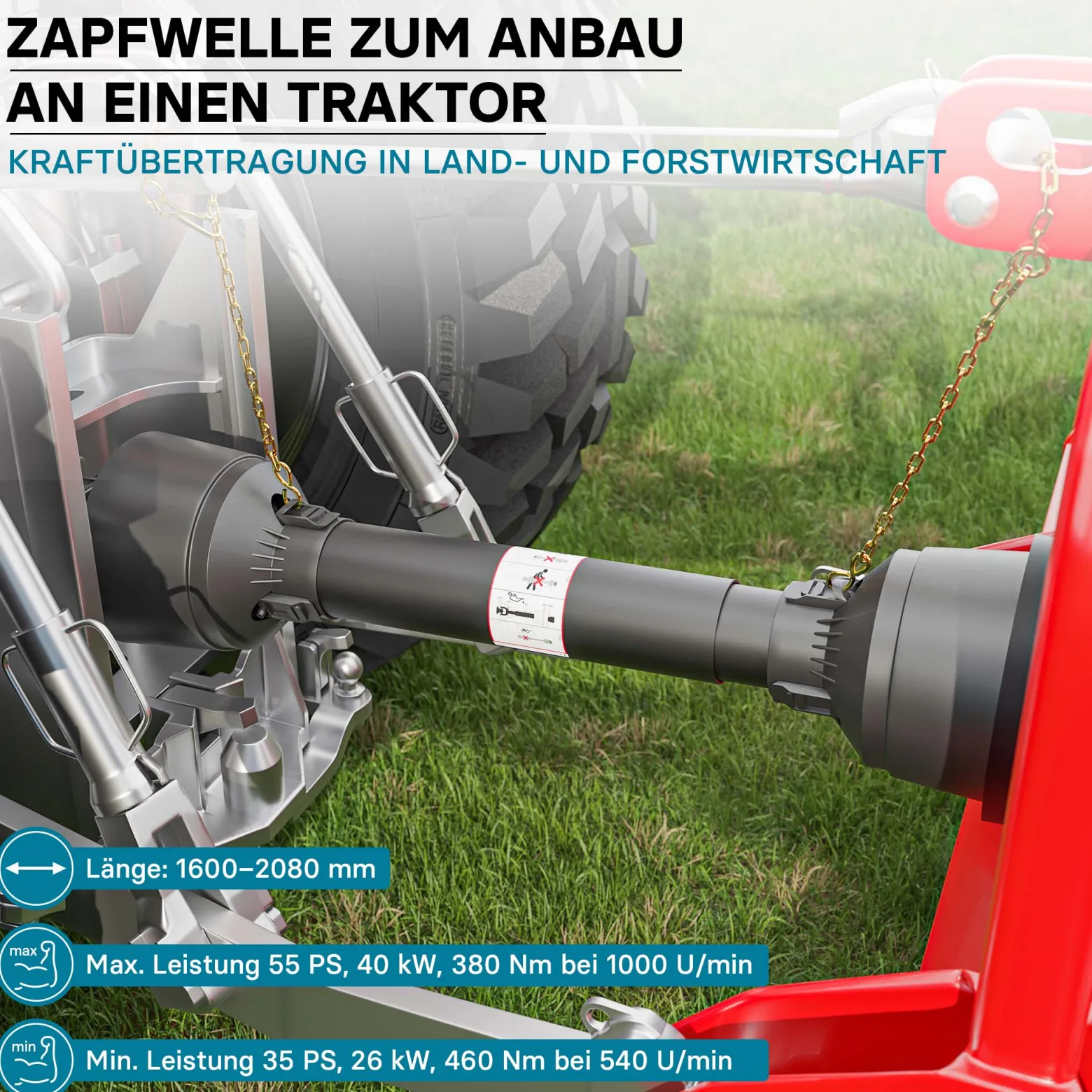 Zapfwelle T4 Gelenkwelle 1600-1760mm 460Nm 540U/min, PTO-Shaft, 40kW (55PS), 2x 1 3/8" 6 Zähne